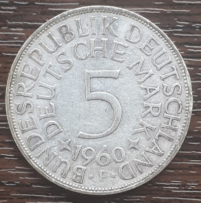 (A846) MONEDA DIN ARGINT GERMANIA - 5 MARK 1960, LIT F, 11,2 GRAME. PURITATE 625 foto