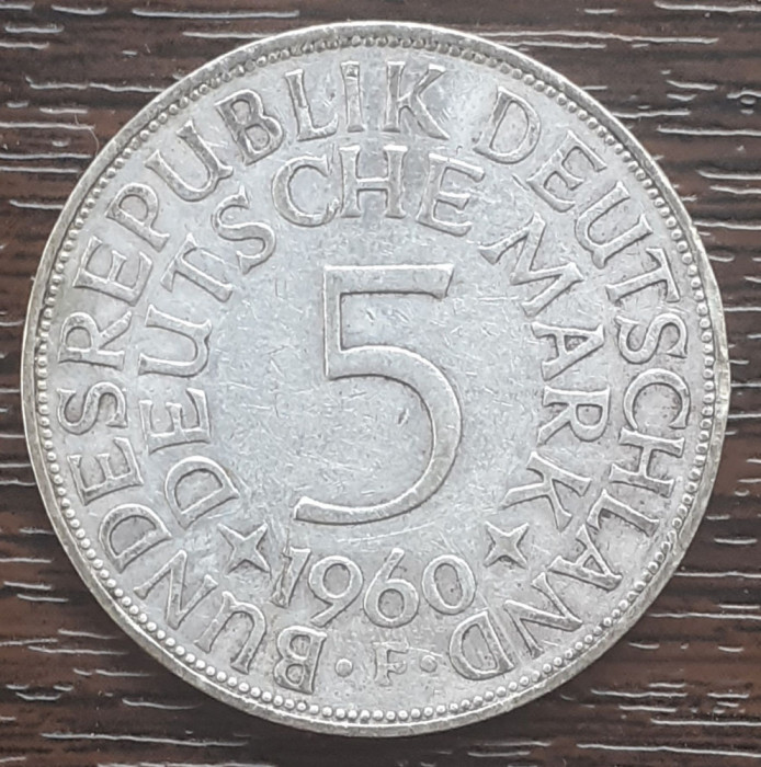 (A846) MONEDA DIN ARGINT GERMANIA - 5 MARK 1960, LIT F, 11,2 GRAME. PURITATE 625