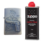 Bricheta tip zippo, 3D relief, metalica, soldat pistol 92F si lichid zippo 125 ml