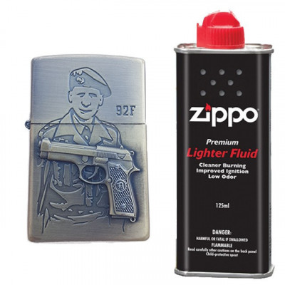 Bricheta tip zippo, 3D relief, metalica, soldat pistol 92F si lichid zippo 125 ml foto