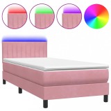 Cumpara ieftin Pat cu arcuri cu saltea si LED, roz, 80x220 cm, catifea