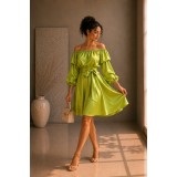 Rochie verde din satin cu maneci bufante