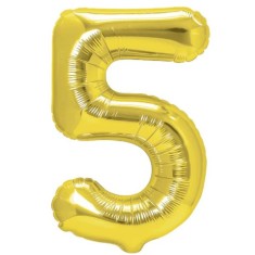 Balon din folie metalizata flippy, figurina cifra, tema aniversare 40 cm, ambalaj individual, pai inclus, umflare cu aer sau heliu, auriu, cifra 5