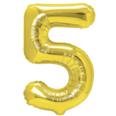 Balon din folie metalizata flippy, figurina cifra, tema aniversare 80 cm, ambalaj individual, pai inclus, umflare cu aer sau heliu, auriu, cifra 5 foto