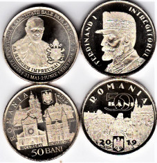 Lot 2 monede 50 bani 2019 comemorative UNC din fisic Papa+Ferdinand foto