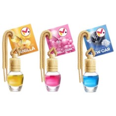 Set 3 Odorizante Auto in Sticla cu Snur si Capac din lemn, Arome Vanilie, New Car si Bubble Gum, 8 ml