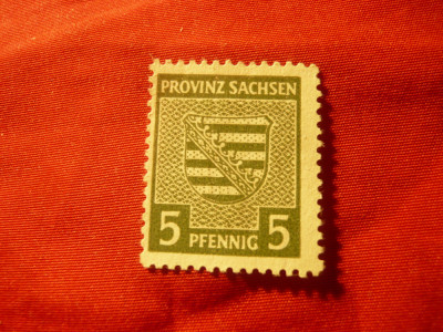 Timbru 5pf verde provincia Sachsen Germania 1945 , Emblema, fara guma foto