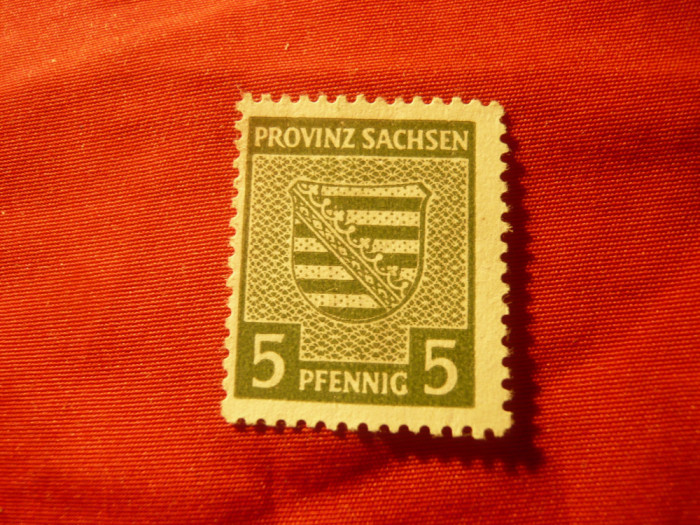 Timbru 5pf verde provincia Sachsen Germania 1945 , Emblema, fara guma