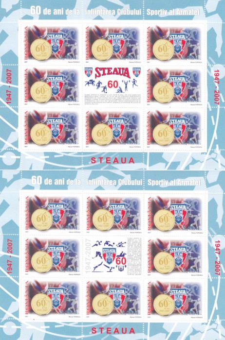 ROMANIA,60 de ani de la infiintare - STEAUA, Sport,SET MINICOLI PERECHE,MNH,2007