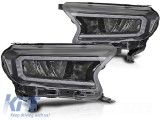 Set de faruri LED de tuning potrivit pentru Ford Ranger 2016-2022 cu baza neagra, cu semnale de &icirc;ntoarcere dinamice, pentru modelul cu lumini DRL din