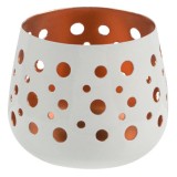 Suport tip pahar pentru lumanare,perforatii cercuri,metal,alb,7x7 cm