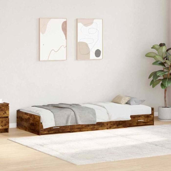 Cadru de pat cu depozitare Stejar fumuriu 90 x 200 cm Lemn compozit