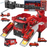 Camion de pompieri cu remorcă rabatabilă, parking și 4 mașinuțe metalice, lumini și sunete