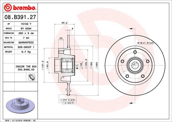 BREMBO 08.B391.27 PRIME LINE - With Bearing Kit Disc frana