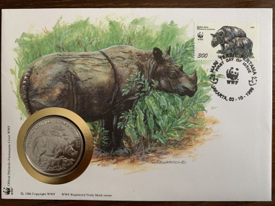 indonezia - rinocer - FDC cu medalie, fauna wwf foto