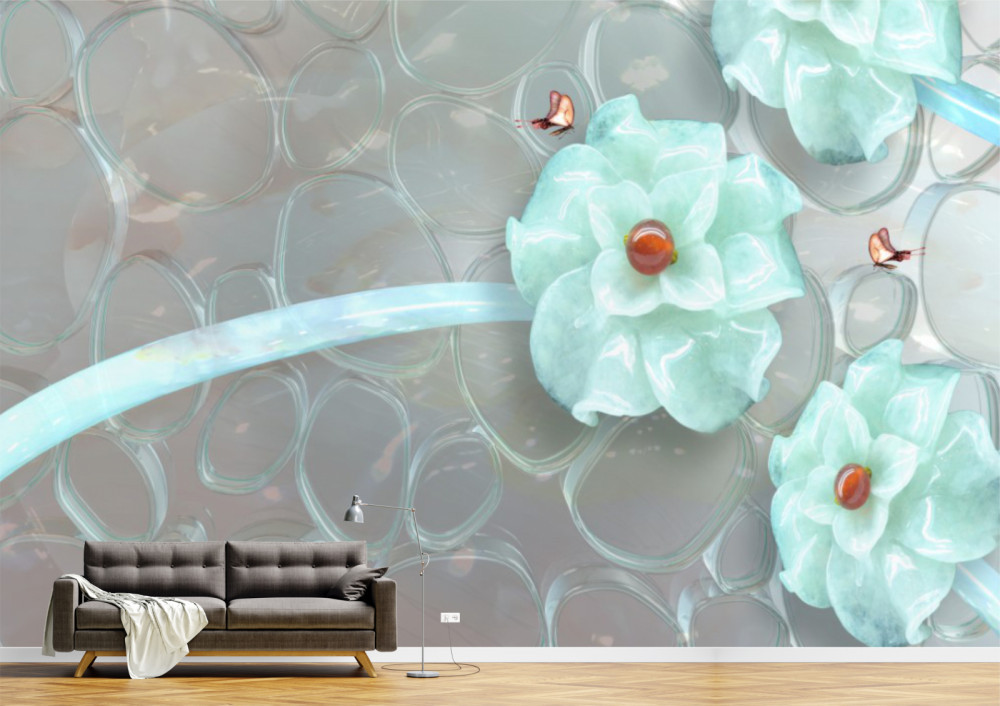 Tapet Premium Canvas - Flori turcoaz fluturi si perle 3d abstract |  Okazii.ro