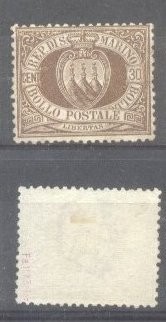 San Marino 1877 National coat of arms 30C brown Mi.4 SIGNED MH AM.491 foto