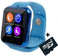 Ceas Smartwatch cu Telefon iUni V88, 1.22 inch, BT, 64MB RAM, 128MB ROM, Albastru + Card MicroSD 4GB Cadou foto