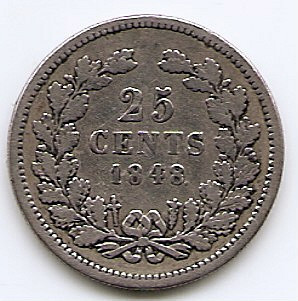 Olanda 25 Cents 1848 - Willem II, Argint 3.575g/640, 19.3 mm KM-76