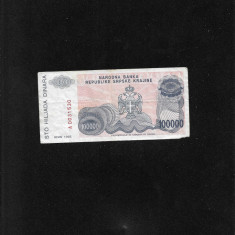 Croatia Republica Srpska Krajina 100000 dinara dinari 1993 seria0031530