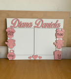 Rama Foto Bebelusi Lemn, 2 Poze 20x15 cm, 30x40 cm, Personalizata Nume, Decor Perete, Cadou Nastere