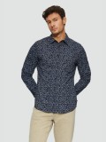 Camasa barbati cu maneca lunga, imprimeu cu picatele si croiala Slim fit, Bleumarin, S