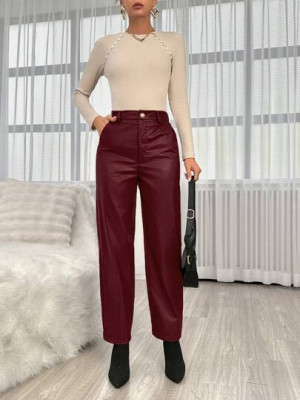 Pantaloni straight fit, model piele, visiniu foto