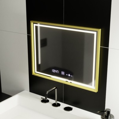 Oglinda LED Rectangulara, 80x60cm, Verite Royale Gold MotionGlow Marcello, Sistem Dezaburire, Ceas &amp;amp; Termometru, Dimabila ModernLight Concept foto