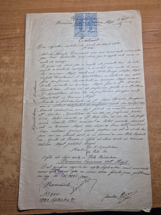 document in limba romana din anul 1920 - primaria comunei mizil
