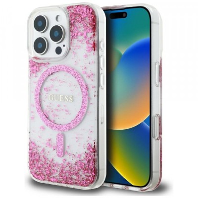 Husa MagSafe pentru Apple iPhone 16 Pro, Guess, Resin Bottom Glitter, Roz foto