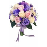 Buchet mare personalizabil cu trandafiri, plante decorative si frunze (Violet, Roz, Crem)