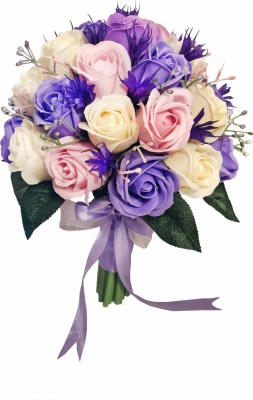 Buchet mare personalizabil cu trandafiri, plante decorative si frunze (Violet, Roz, Crem) foto