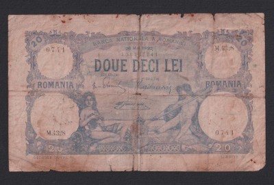 ROMANIA 20 LEI - Mai 1922 . Data rara de emisie. foto