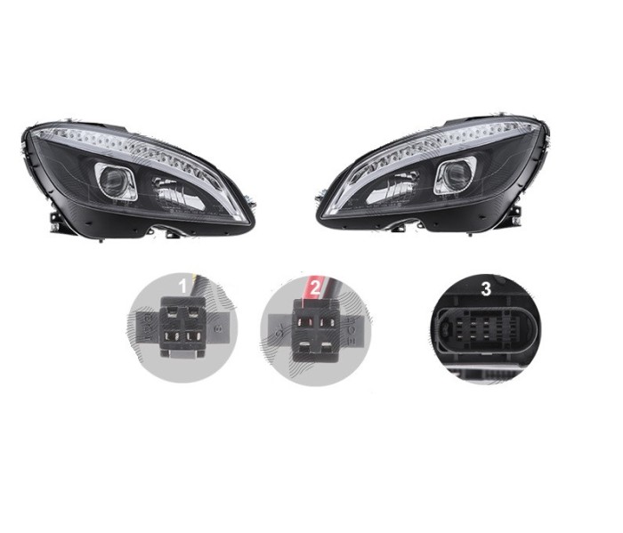 Far Mercedes Clasa C, 03.2011, model tuning, montare stanga+dreapta, cu indicator led; cu lumini de zi tip LED; H9+LED; manual; negru; cu becuri;