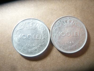 2 Monede fier - 100 lei 1943 si 1944 Rege Mihai I , cal. F.Buna foto