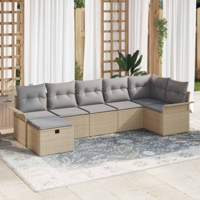 vidaXL Set de canapele pentru grădină cu pernă 7 pcs Bej Rattan poli foto