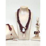 Cumpara ieftin Set Bijuterii Argint 925 Placat Aur Roz cu Granat, Perle Cultură, Zirconiu - Colier, Cercei, Bratara, Inel - Made in Italy