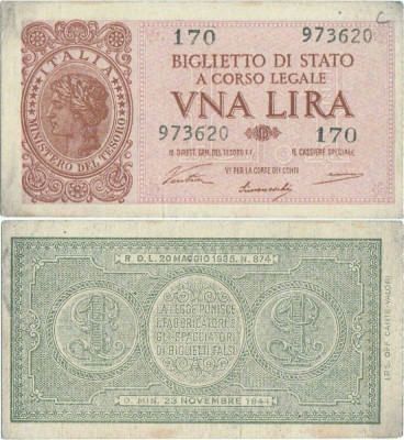 1944 ( 23 XI ) , 1 lira ( P-29a ) - Italia - stare XF foto