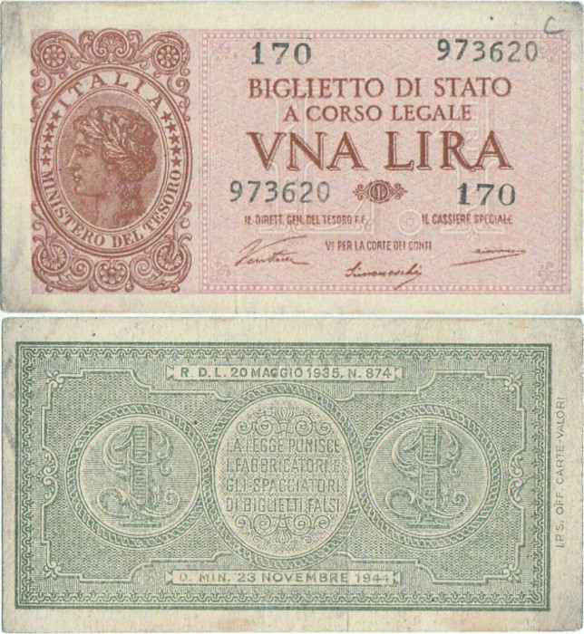 1944 ( 23 XI ) , 1 lira ( P-29a ) - Italia - stare XF