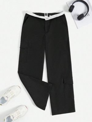 Pantaloni largi, cu buzunare, negru, dama, Shein foto
