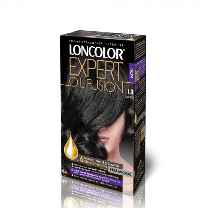 Vopsea de Par Loncolor Expert Oil Fusion 1.0, Negru, 100 ml, Vopsea de Par fara Amoniac, Vopsea de Par Permanenta, Vopsea de Par Neagra, Vopsea de Par