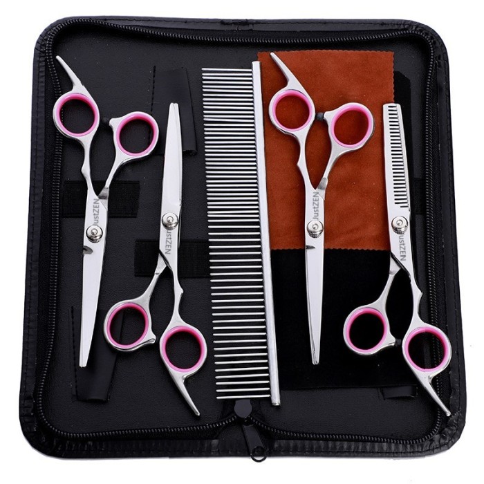 Set de 4 foarfeci profesionale si 1 pieptan pentru tuns animale, JustZEN&trade;, trusa neagra