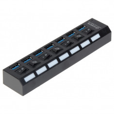 USB Hub Techstar® HB6, 3.0 High Speed, 7 Port USB 3.0, Buton On/Off, Conexiune USB 3.0 de mare vitezam Alimentator Extern