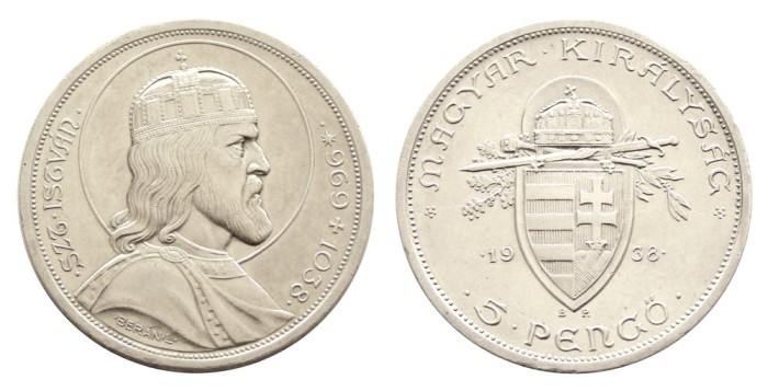 q345 UNGARIA 5 PENGO 1938 Stefan cel Sfant argint perioada hortista NECIRCULATA UNC