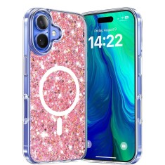 Husa cu sclipici iPhone 16 Techsuit Sparkly Glitter MagSafe, roz foto
