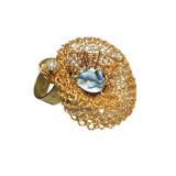 Inel unicat de arta din alama si Piatra Paua, fir metalic gilt, Aurie, 6.1 cm