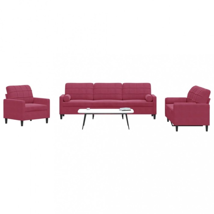 vidaXL Set canapea cu perne/rulouri, 3 piese, roșu vin, catifea