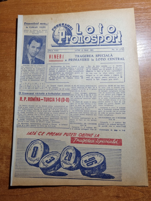 Loto pronosport 15 mai 1961-fotbal romania-turcia 1-0