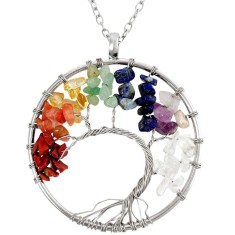 Colier Copacul Vieții 7 Chakre, pandantiv cu pietre naturale pentru bani și dezvoltare &icirc;n carieră 3 cm, lantisor inoxidabil