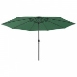 VidaXL Umbrelă de soare exterior, LED-uri &amp; st&acirc;lp metal, verde, 400 cm